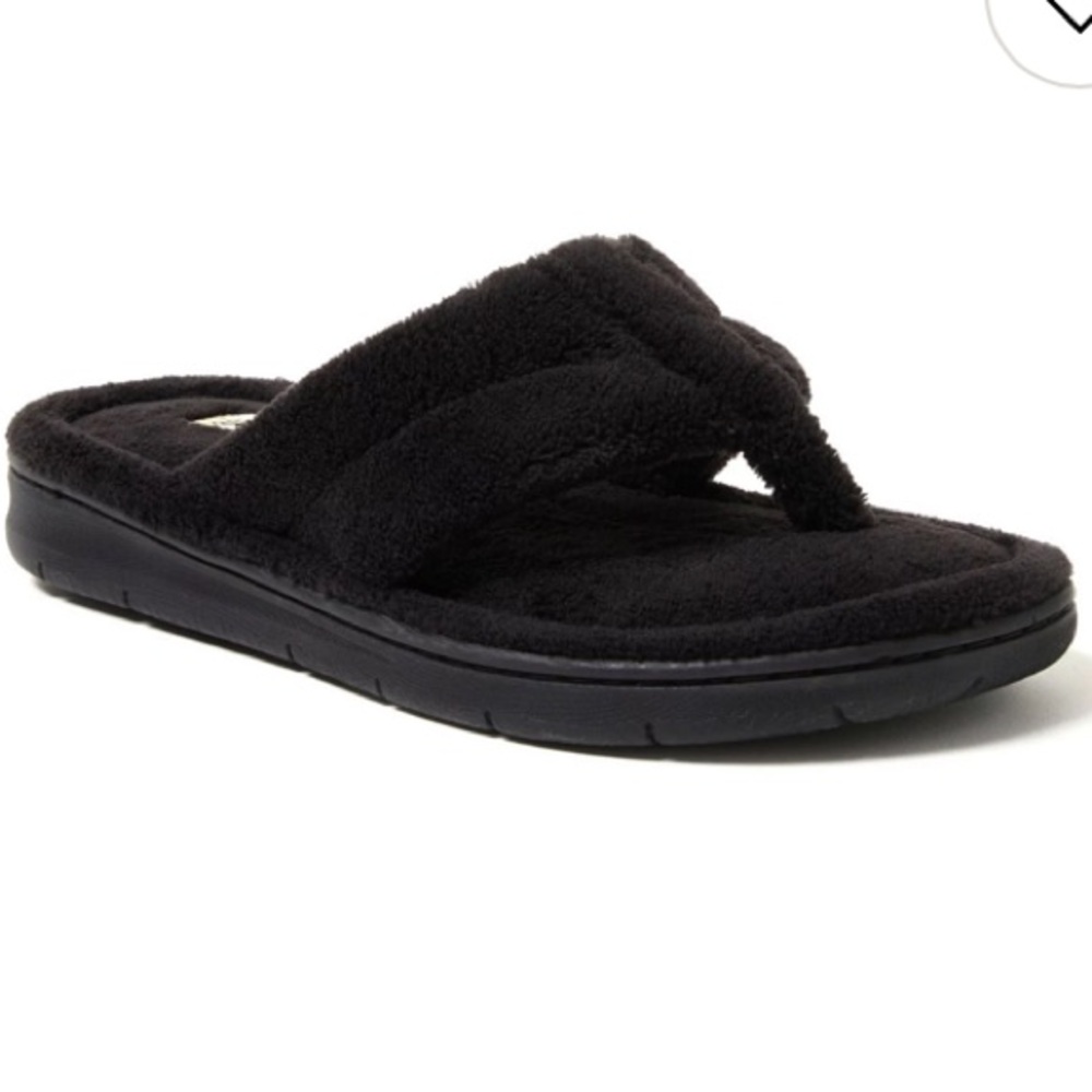 ❤️3X20 Dearfoams Women Wrenley Terry Thong Black Fuzzy Slippers | L 9-10